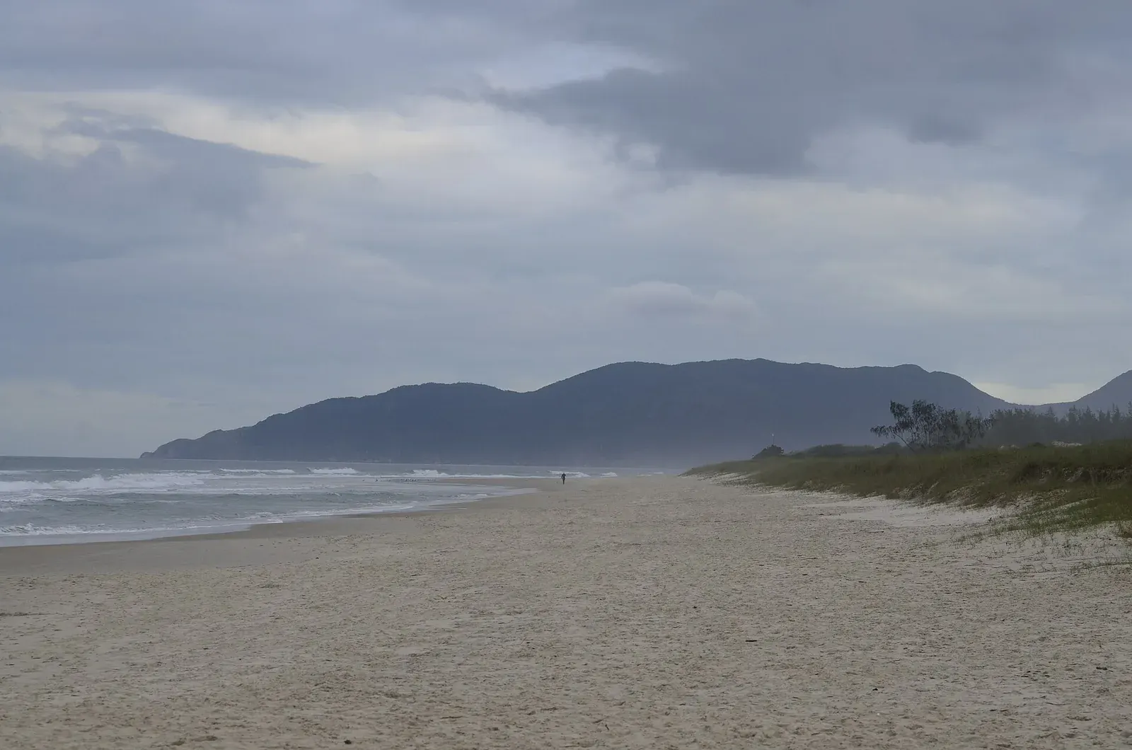 Praia do Campeche com mar aberto, areia e morros ao fundo.